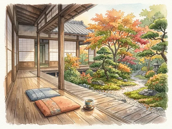 Illustration of a Japanese senior care home with traditional engawa veranda
